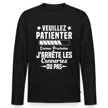 J'arrête les conneries humour - T-shirt manches longues Premium bio Homme - noir - Devant - Nico (187cm)