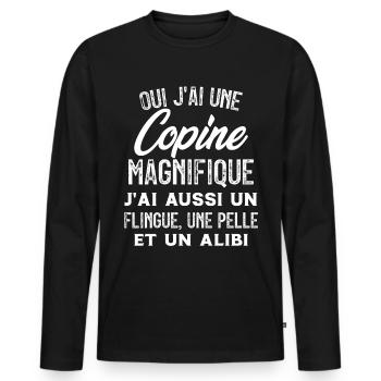 Oui J'ai une Copine Magnifique - Humour Couple - T-shirt manches longues Premium bio Homme - noir - Devant - Nico (187cm)