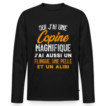 Oui J'ai une Copine Magnifique - Humour Couple - T-shirt manches longues Premium bio Homme - noir - Devant - Nico (187cm)
