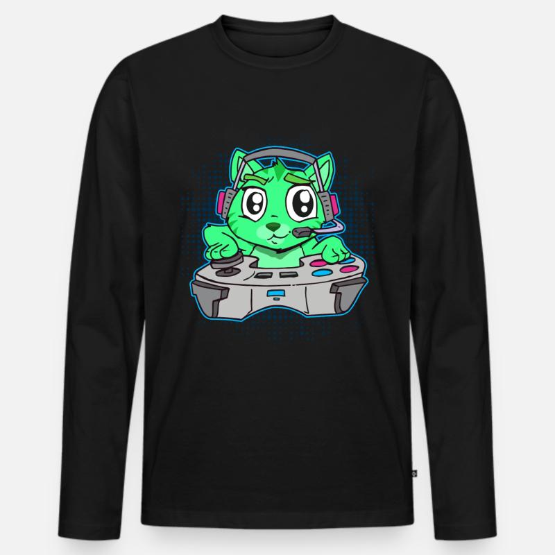 Katze Gaming Controller Gamer Comic - Männer Premium Bio Langarmshirt - Schwarz