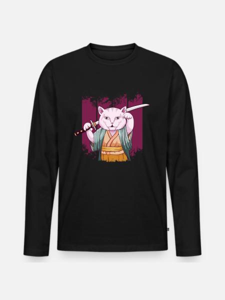 Japanese Samurai Maneki Neko Cat Katana Aesthetic - Men's Premium Organic Long Sleeve Shirt - black
