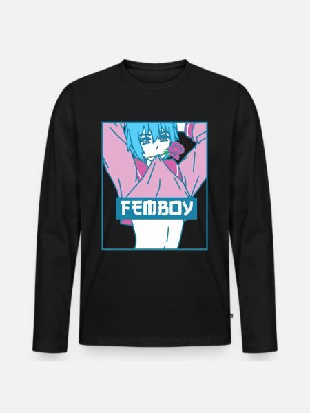 Femboy Anime Pojke Gay Estetisk Pastell Bitande Rose - Ekologisk långärmad premium-T-shirt herr - svart