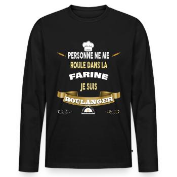 Boulanger humour farine, cadeau métier boulangerie - T-shirt manches longues Premium bio Homme - noir - Devant - Nico (187cm)