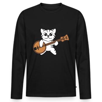 Cat with Guitar Music Kitty Funny Cat with Banjo - Men's Premium Organic Long Sleeve Shirt - black - Front - Nico (187cm)