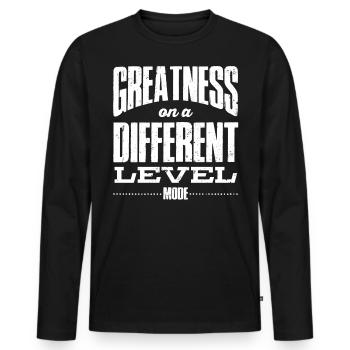 GOD MODE, Größe Auf Einer Anderen Ebene - Männer Premium Bio Langarmshirt - Schwarz - Vorne - Nico (187cm)