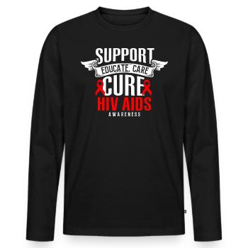 Soutenir, Éduquer, Soins, Guérir, Ruban Rouge, VIH, SIDA - T-shirt manches longues Premium bio Homme - noir - Devant - Nico (187cm)