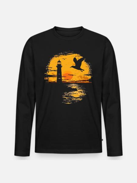 Seagull Seabird Lighthouse Sunset - Men's Premium Organic Long Sleeve Shirt - black