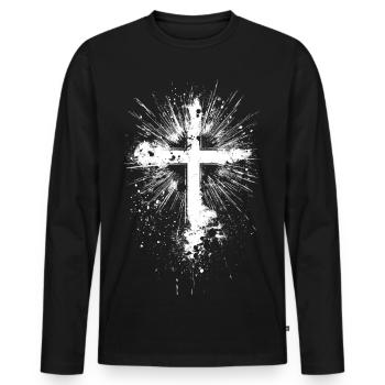 White cross with paint splatter - Men's Premium Organic Long Sleeve Shirt - black - Front - Nico (187cm)