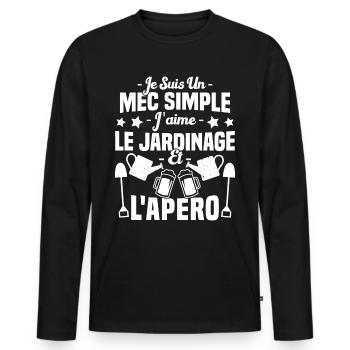 Mec simple j'aime le jardinage et l'apéro humour - T-shirt manches longues Premium bio Homme - noir - Devant - Nico (187cm)