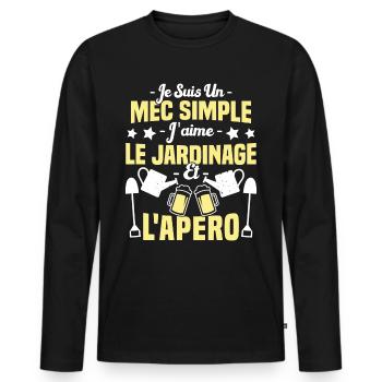 Mec simple j'aime le jardinage et l'apéro humour - T-shirt manches longues Premium bio Homme - noir - Devant - Nico (187cm)