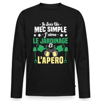 Mec simple j'aime le jardinage et l'apéro humour - T-shirt manches longues Premium bio Homme - noir - Devant - Nico (187cm)