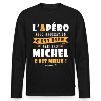 Humour Michel Apero T shirt Humour Drôles michel - T-shirt manches longues Premium bio Homme - noir - Devant - Nico (187cm)