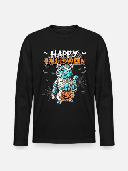 Halloween Katze Mumie - Männer Premium Bio Langarmshirt - Schwarz