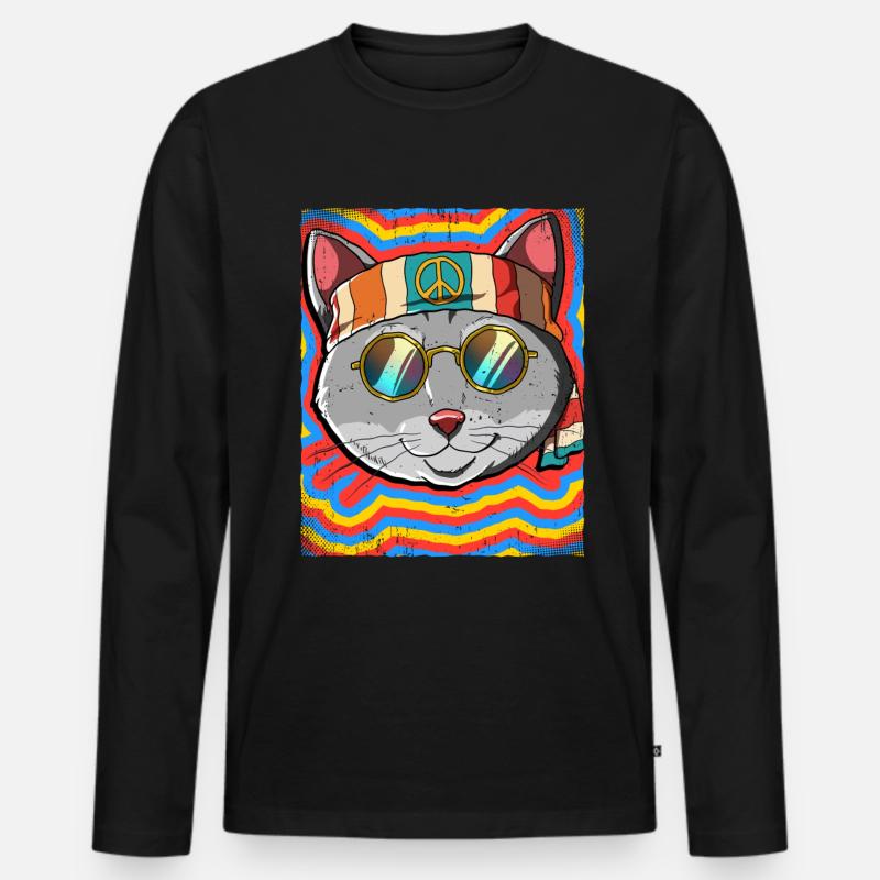 Hippie Katze Psychedelisch Trippy - Männer Premium Bio Langarmshirt - Schwarz