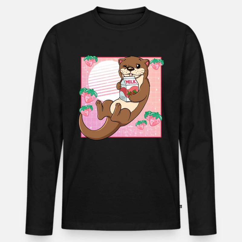 Kawaii Otter Erdbeermilch - Männer Premium Bio Langarmshirt - Schwarz