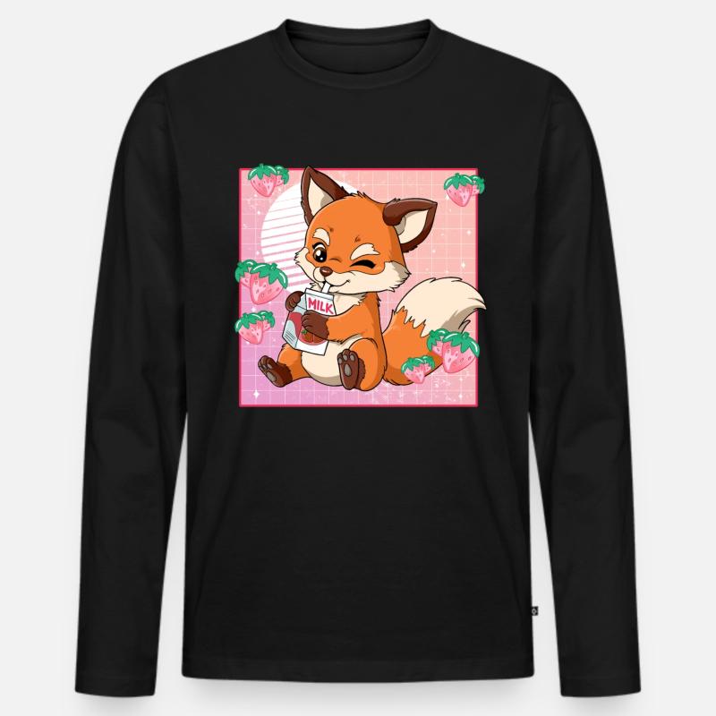 Kawaii Fuchs Erdbeermilch - Männer Premium Bio Langarmshirt - Schwarz