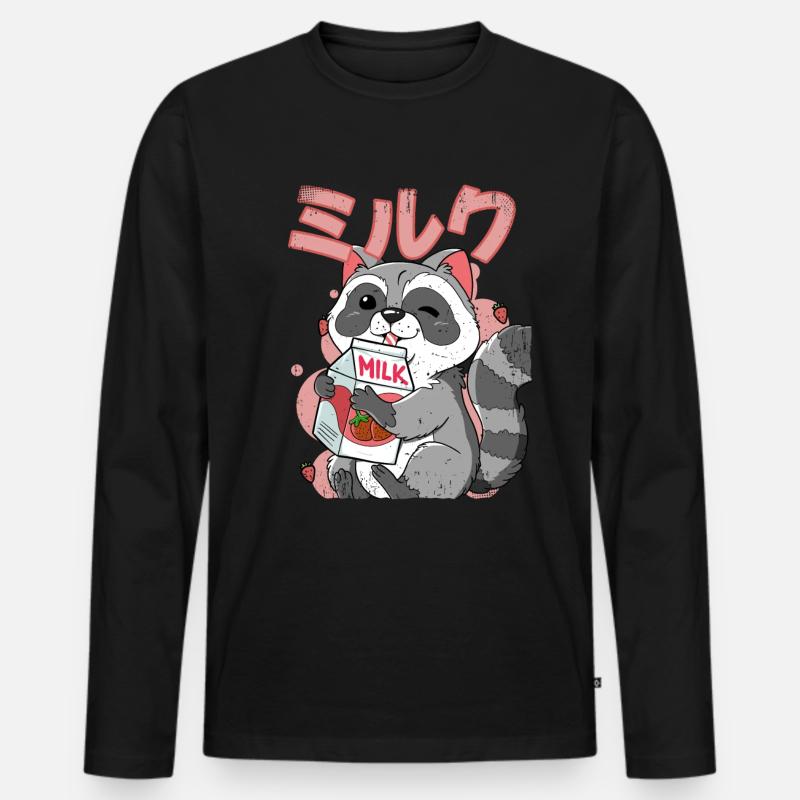Kawaii Waschbär Erdbeermilch - Männer Premium Bio Langarmshirt - Schwarz