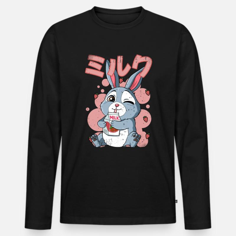 Kawaii Kaninchen Erdbeermilch - Männer Premium Bio Langarmshirt - Schwarz