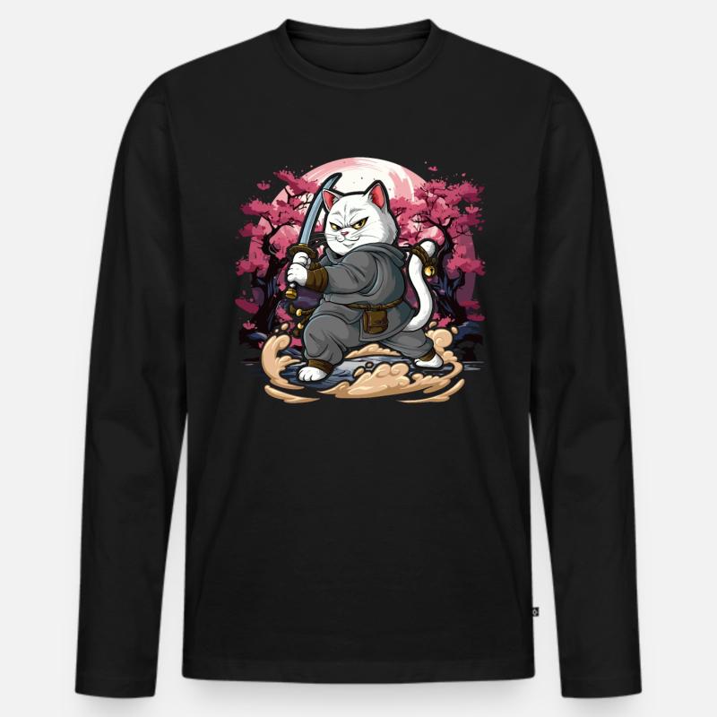 Samurai Katze - Männer Premium Bio Langarmshirt - Schwarz