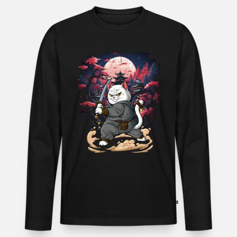 Samurai Katze - Männer Premium Bio Langarmshirt - Schwarz
