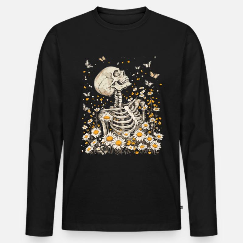 Skelett Blumen - Männer Premium Bio Langarmshirt - Schwarz