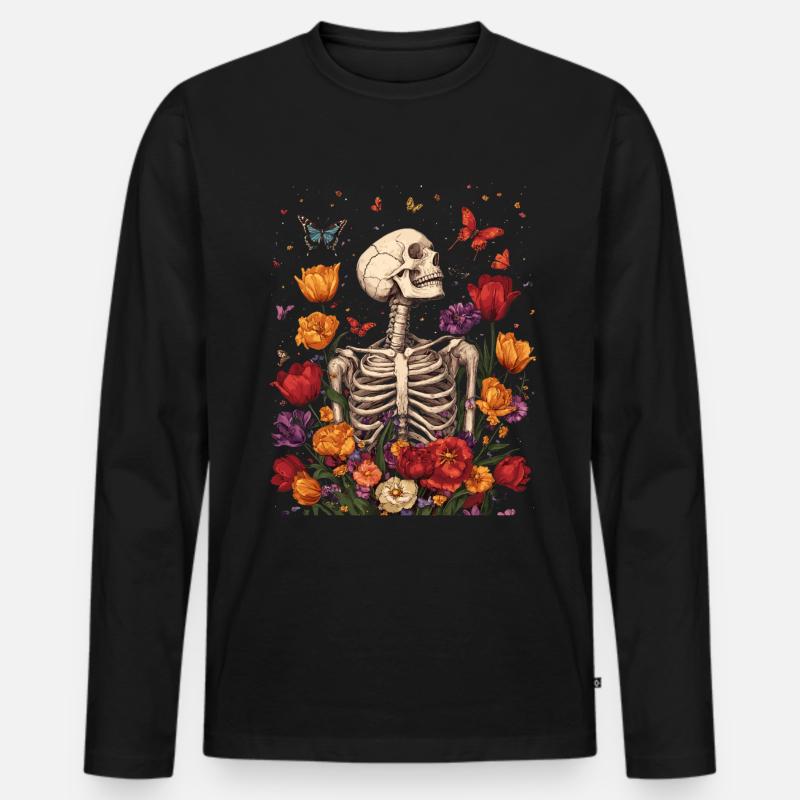 Skelett Blumen - Männer Premium Bio Langarmshirt - Schwarz