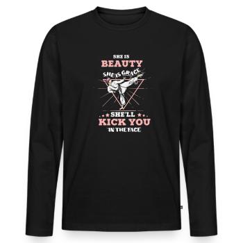 She Is Beauty She Is Grace She Will Kick You In - Männer Premium Bio Langarmshirt - Schwarz - Vorne - Nico (187cm)