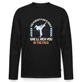 She Is Beauty She Is Grace She Will Kick You In - Männer Premium Bio Langarmshirt - Schwarz - Vorne - Nico (187cm)