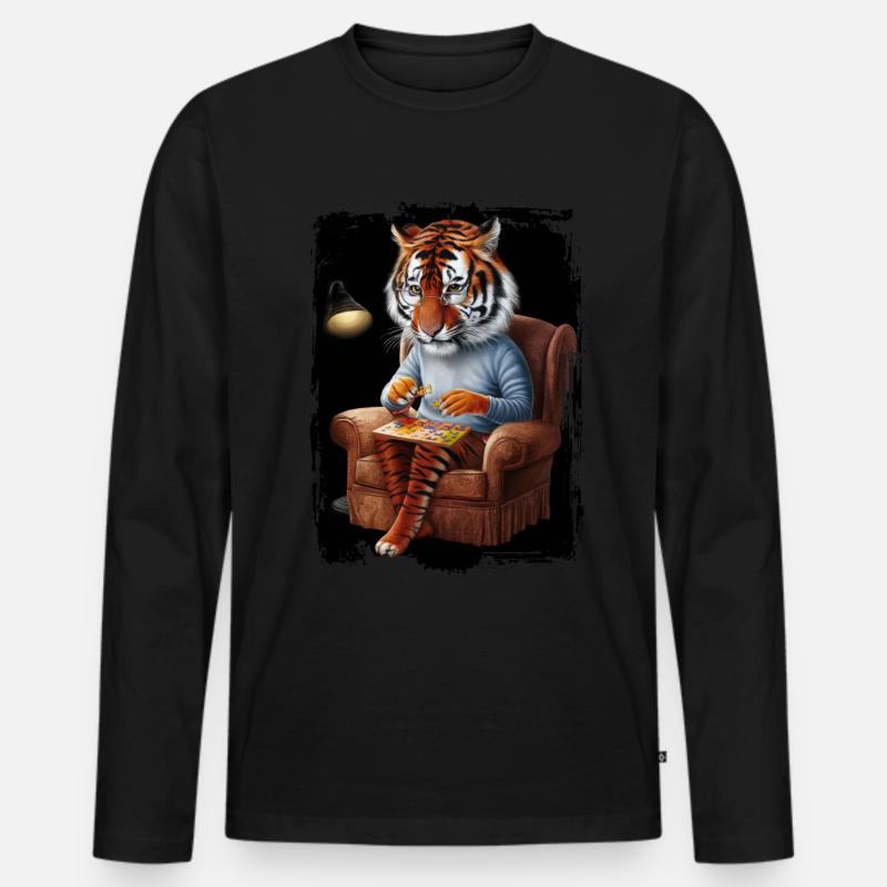 Tiger spielt Puzzle Geschenk - Männer Premium Bio Langarmshirt - Schwarz