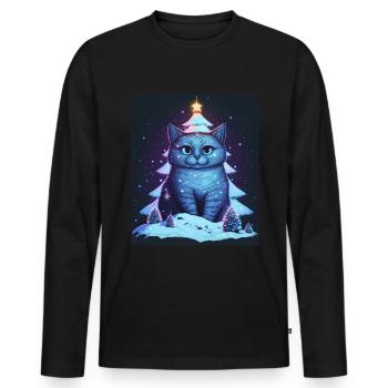 Süße Katze Weihnachtsbaum Lichterkette Winter - Männer Premium Bio Langarmshirt - Schwarz - Vorne - Nico (187cm)