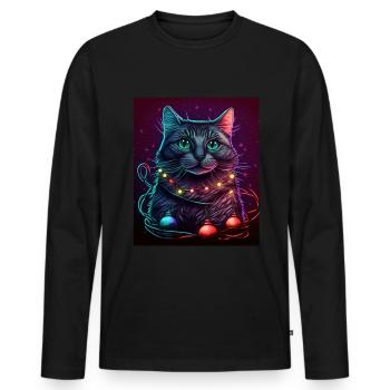 Süße Katze Weihnachtsbaum Lichterkette Winter - Männer Premium Bio Langarmshirt - Schwarz - Vorne - Nico (187cm)
