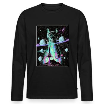 Katze Weltraum Astronaut Space Neon Raketen - Männer Premium Bio Langarmshirt - Schwarz - Vorne - Nico (187cm)