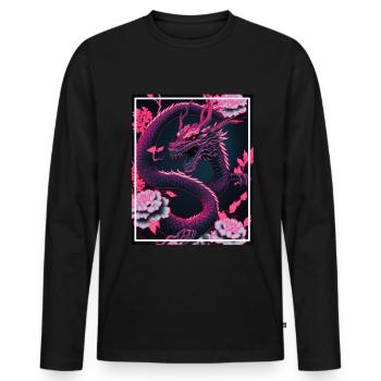 Dragon Japan Cherry Blossom Mountains Neon Retro Fable - Men's Premium Organic Long Sleeve Shirt - black - Front - Nico (187cm)