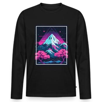 Geometrisch Japan Kirschblüte Berge Neon Fabel - Männer Premium Bio Langarmshirt - Schwarz - Vorne - Nico (187cm)