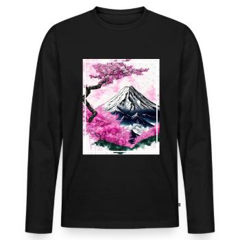 Fantasy Japan Cherry Blossom Mountains Neon Retro Fable - Men's Premium Organic Long Sleeve Shirt - black - Front - Nico (187cm)