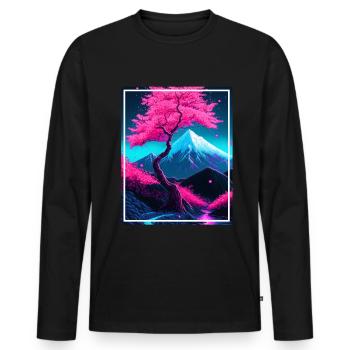 Fantasy Japan Cherry Blossom Mountains Neon Retro Fable - Men's Premium Organic Long Sleeve Shirt - black - Front - Nico (187cm)