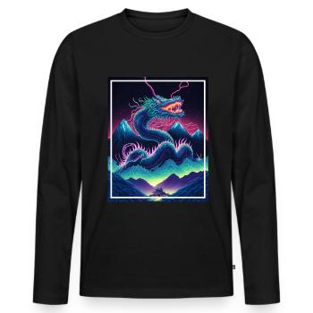 Dragon Japan Cherry Blossom Mountains Neon Retro Fable - Men's Premium Organic Long Sleeve Shirt - black - Front - Nico (187cm)
