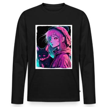 Anime Girl Katze Kätzchen Manga Ink Blume Neon - Männer Premium Bio Langarmshirt - Schwarz - Vorne - Nico (187cm)