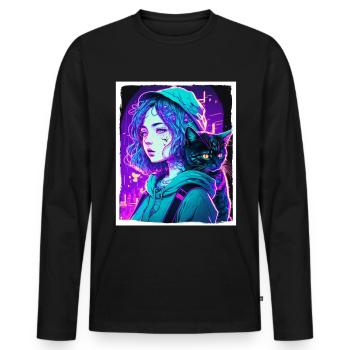 Anime Girl Katze Kätzchen Manga Ink Blume Neon - Männer Premium Bio Langarmshirt - Schwarz - Vorne - Nico (187cm)