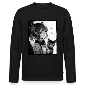 Anime Girl Katze Kätzchen Manga Ink Blume Neon - Männer Premium Bio Langarmshirt - Schwarz - Vorne - Nico (187cm)