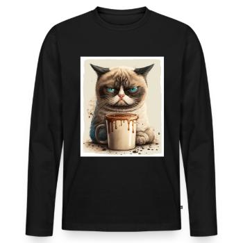 Cat Kitten Coffee Cup Morning Grouch Cocoa - Men's Premium Organic Long Sleeve Shirt - black - Front - Nico (187cm)