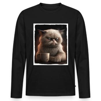 Cat Kitten Coffee Cup Morning Grouch Cocoa - Men's Premium Organic Long Sleeve Shirt - black - Front - Nico (187cm)