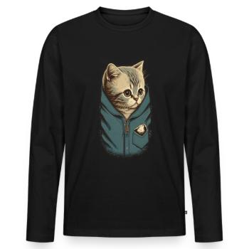 Cute Grey Cat Kitten Jeans Jacket Bag - Men's Premium Organic Long Sleeve Shirt - black - Front - Nico (187cm)