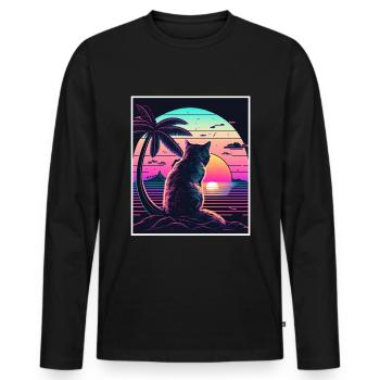 Vaporwave Retro Katze Cat Tiermotiv Strand Neon - Männer Premium Bio Langarmshirt - Schwarz - Vorne - Nico (187cm)