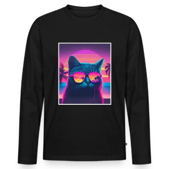 Vaporwave Retro Katze Cat Tiermotiv Strand Neon - Männer Premium Bio Langarmshirt - Schwarz - Vorne - Nico (187cm)
