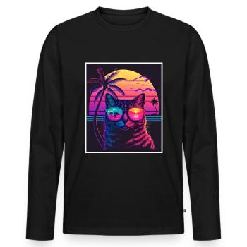 Vaporwave Retro Katze Cat Tiermotiv Strand Neon - Männer Premium Bio Langarmshirt - Schwarz - Vorne - Nico (187cm)