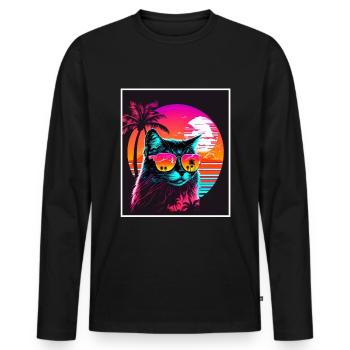 Vaporwave Retro Katze Cat Tiermotiv Strand Neon - Männer Premium Bio Langarmshirt - Schwarz - Vorne - Nico (187cm)
