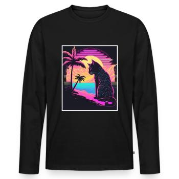 Vaporwave Retro Katze Cat Tiermotiv Strand Neon - Männer Premium Bio Langarmshirt - Schwarz - Vorne - Nico (187cm)