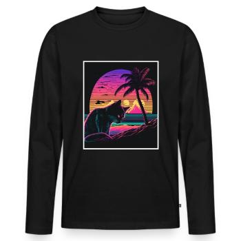 Vaporwave Retro Katze Cat Tiermotiv Strand Neon - Männer Premium Bio Langarmshirt - Schwarz - Vorne - Nico (187cm)