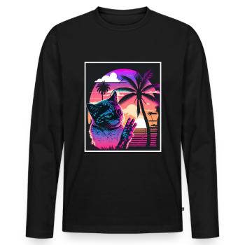 Vaporwave Retro Katze Cat Tiermotiv Strand Neon - Männer Premium Bio Langarmshirt - Schwarz - Vorne - Nico (187cm)